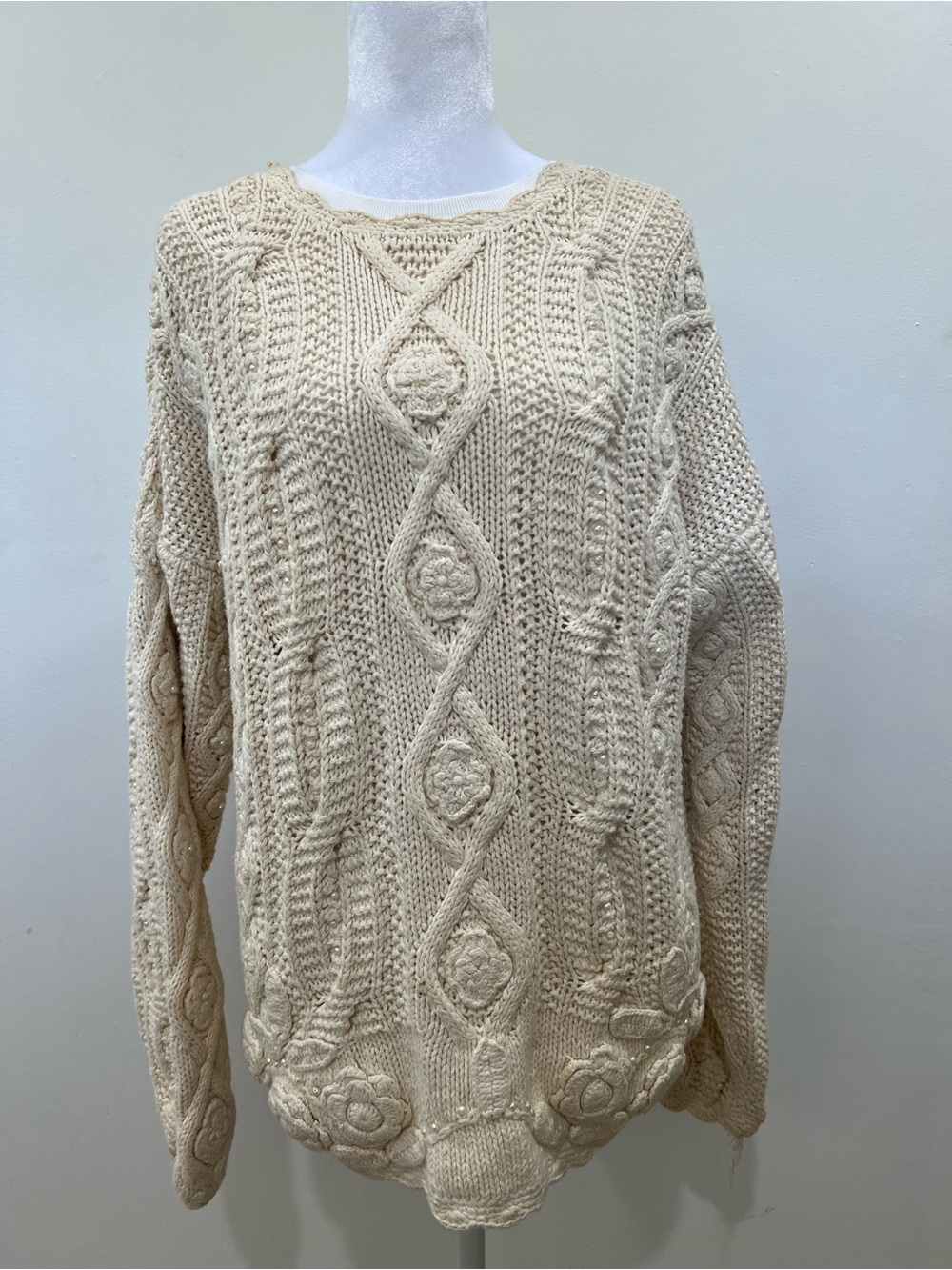 Vintage Cream Cable Knit Women's Sweater -L
